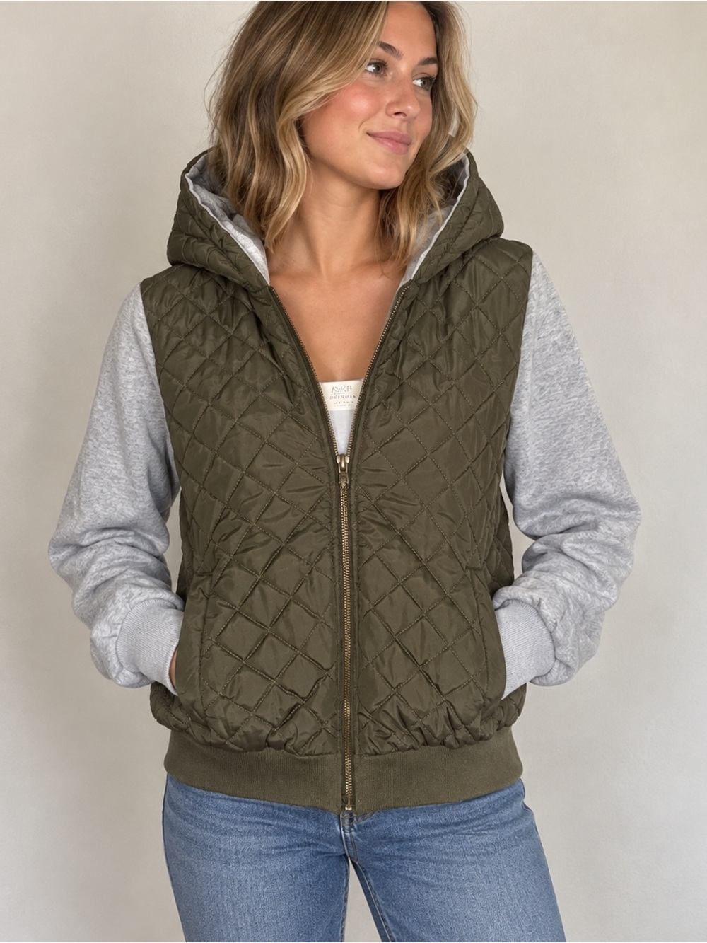 Ashley By 26 International Olive Green Quilted Hooded Jacket with Gray Sleeves